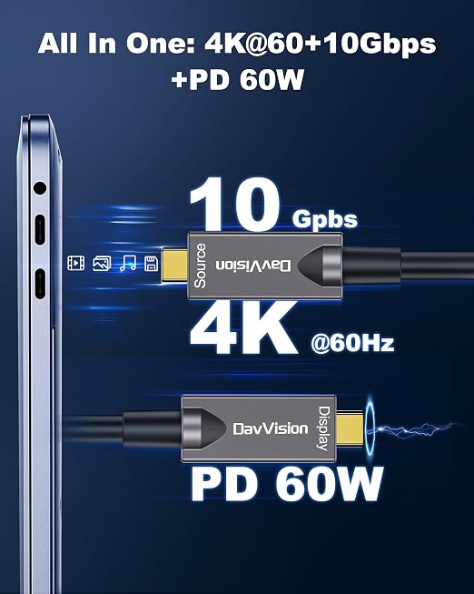 Full-Featured Fiber Optic USB C Video Cable 50FT, Support 4K@60Hz,10Gbps,PD 60W,USB 3.2 Active Optical Cable Built in German SiliconLine Chip for Logitech Camera,VR,Laptop,Video Conference