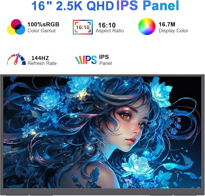 16" 2.5K 144Hz Portable Gaming Monitor 16:10 HDR Eye Careful,100% sRGB QHD2560x1600 Ultra-clear IPS Portable Monitor for Laptop with Built-in Speakers,External Second Screen for PC Phone Game Console