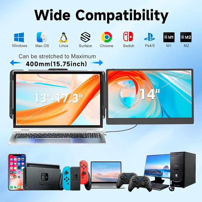 KEFEYA Laptop Screen Extender, 14" Portable Monitor for Laptops 13-17", 1080P FHD IPS Monitor Extender for Laptop with USB-C/HDMI Port, Plug n Play for Windows/Chrome/Mac/Switch/PS5