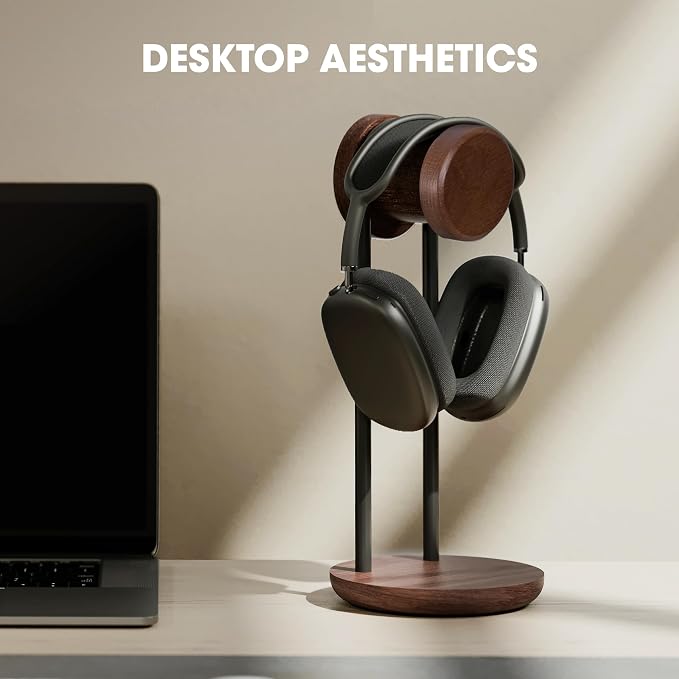 Fenge 11.3" Tall Headphone Stand for Desk, Nature Wood & Metal Headphone Holder with Storage Base, Desktop Headset Stand for Gaming Universal Headphones, Brown