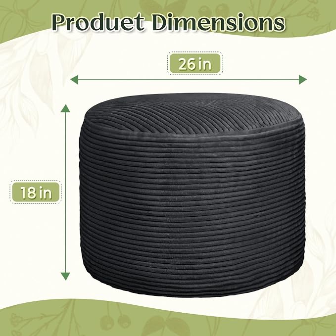 Round Corduroy Ottoman Foot Rest Pouf for Living Room Couch - Soft Plush Shredded Foam Filled Hassock Stool, Comfy Footstool
