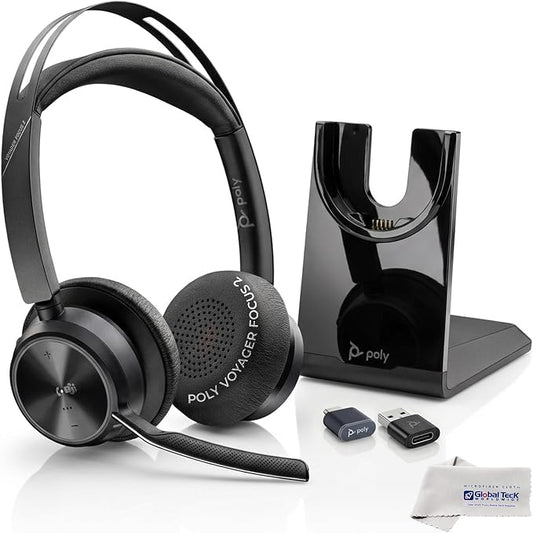 Poly Plantronics Voyager Focus 2 UC, Stereo Bluetooth Headset with Charging Stand, USB C, with USB C to USB A Adapter, Compatible with Teams, Zoom, Connects to Laptop,PC/Mac, Smartphone - GTW Cloth