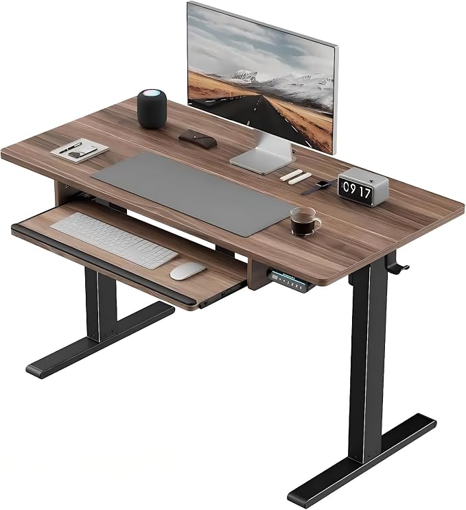 HUANUO Standing Desk Adjustable Height, 48" x 24" Electric Stand Up Desk for Home Office with Large Keyboard Tray(26.7"), 4 Memory Height Setting, Computer Workstation, Walnut