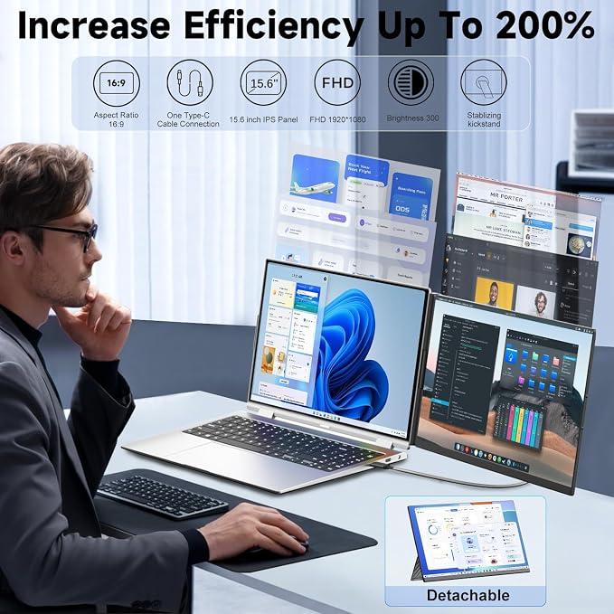 KEFEYA Laptop Screen Extender, 15.6" FHD 1080P IPS Laptop Monitor Extender Detachable, Portable Monitor for Laptops 13-17.3" with Breath Light, Plug n Play for Windows/Mac/Android/Switch/PS5