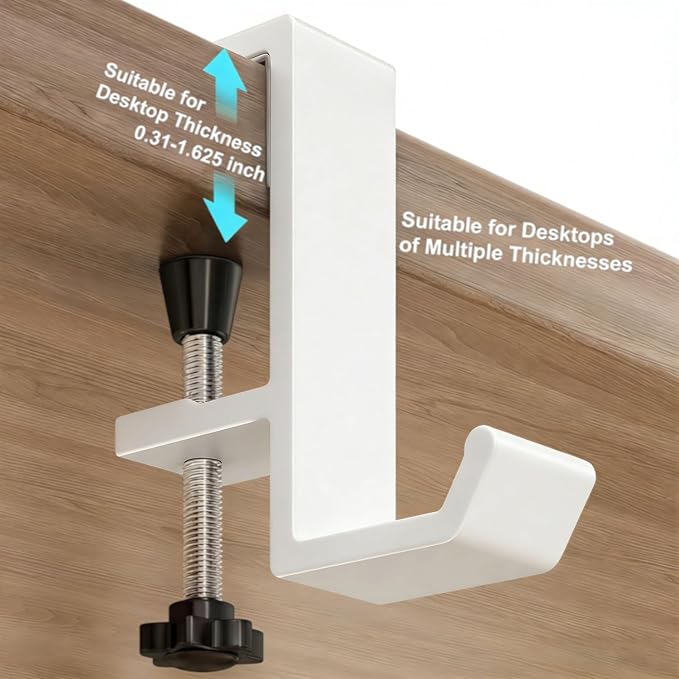 Headphone Stand - Aluminum Alloy Headphone Holder, Under Headset Stand for Desk Fit for PC Gaming Headset Hanger Hook Suitable for Office, Computer, Student Class Desk, Handmade Creator Table (White)
