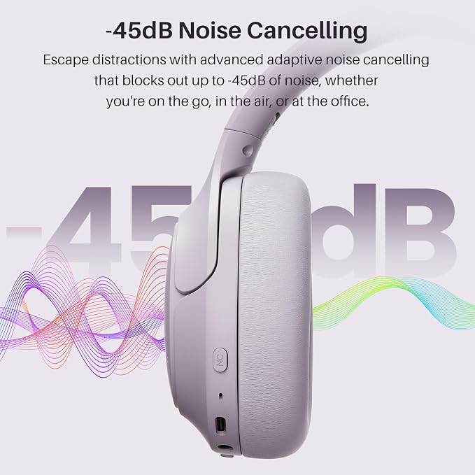 TOZO HT3 Hybrid Noise Cancelling Headphones, 90H Battery Life Wireless Over Ear Bluetooth 6.0 Foldable Headset, AI Voice Assistant with 5 Mics, Connect 2 Devices & Hi-Res Sound, 32 Audio EQ, with Case