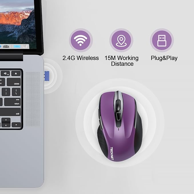 TECKNET Wireless Mouse Rechargeable, 2.4G USB-A Silent Mouse, Quiet Click, 6 Adjustable 4800 DPI, Cordless Computer Mice, Ergonomic Mice for Laptop, 6 Buttons for Chromebook, Ergo Grip - Purple