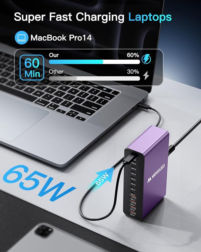 MEKIOJEO 12 Ports Aluminum Alloy 380W Charging Station Fast USB C Charger Block 65W Laptop GaN Charger for MacBook Pro/Air/iPad Pro/iPhone (Purple)