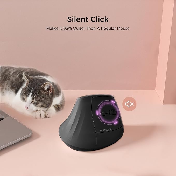 KYSONA 57° Ergonomic Wireless Rechargeable Mouse, Vertical Quiet Ergo Mouse, Bluetooth(BT5.0,BT3.0)&2.4G, (800/1200/2400/2400/4000), 7 Buttons for Windows, macOS, iPadOS, Laptop, PC, Black