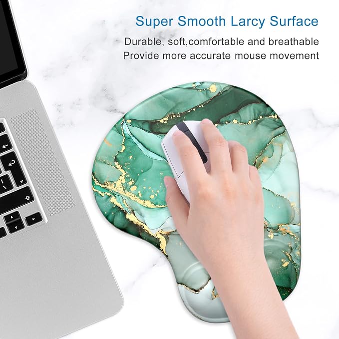 ITNRSIIET Ergonomic Mouse Pad with Gel Wrist Support Wrist Rest Smooth Surface Non-Slip PU Base Comfortable Office Supplies Pain Relief, 9.5 x 8 inches, Green Marble Texture