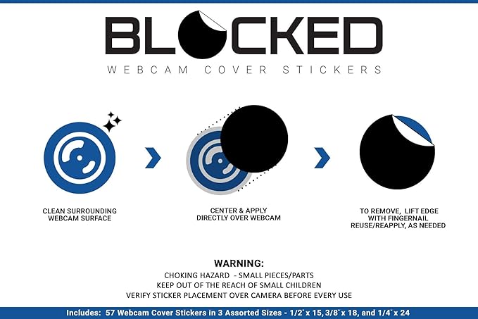 Blocked Original Vinyl Webcam Cover Stickers | Restickable & Stackable Privacy Covers | for All Camera-endable Devices | 3-Sizes | 57 Black Tabbed (Ultra Glossy)
