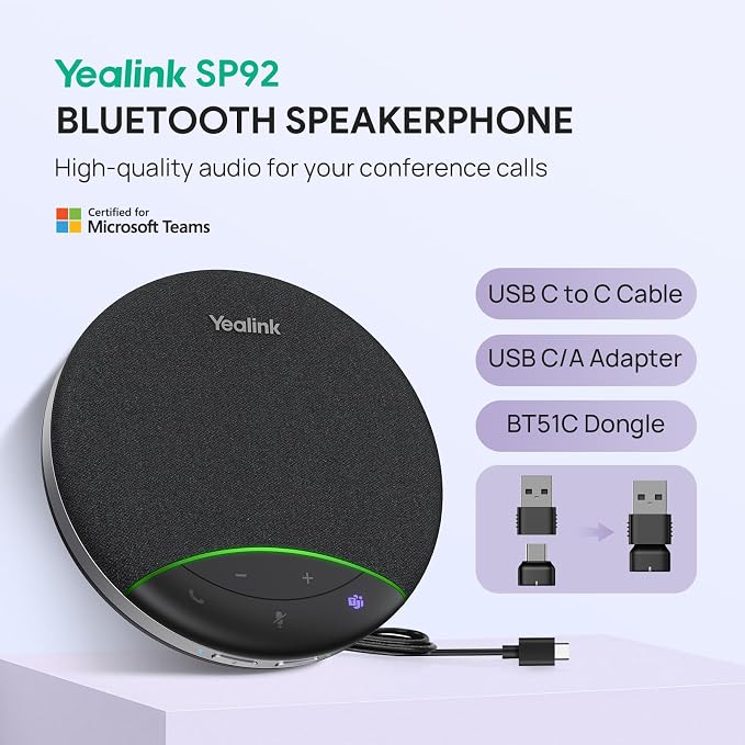 Yealink SP92 Bluetooth Speakerphone with Dongle Conference Speaker and Microphone Full-Duplex Noise Reduction 20h Teams Call 278g Wireless Portable Design Suitable for 4-6 Meeting Room