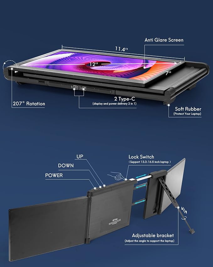 Alecewey Triple Portable Monitor for Laptop Screen Extender Dual Monitor Extender 12 Inch FHD 1080P IPS Display Extender 2 Type-C P2S for 13-16.5 Inch Computer【Only Mac OS】