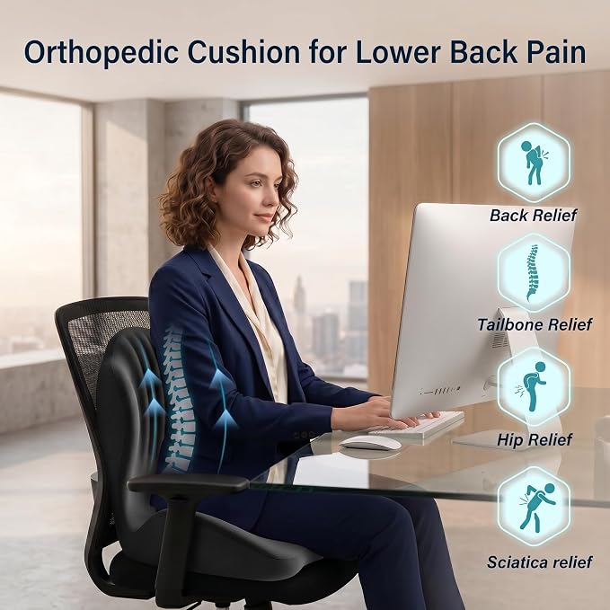 Ergonomic Office Chair Seat Cushion, L-Shaped Memory Foam Coccyx Cushion for Tailbone Pain Relief, Orthopedic Car Seat Cushion with Lumbar Support & Cutout Hollow for Sciatica & Back Pain (Black)