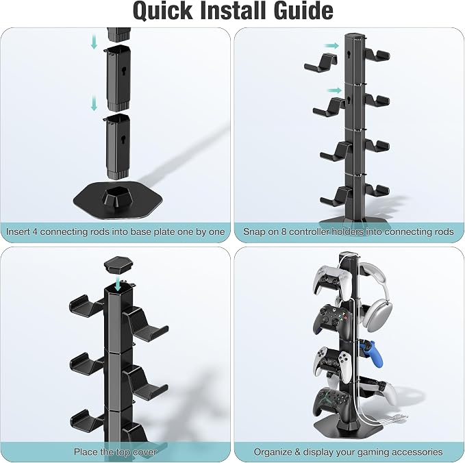 Controller & Headset Holder Stand for Desk, with Charger Cable Organizer Headphone Stand for PS5/ Xbox/ PS4/ Switch, Metal Base Controller Hanger Hook for Storage Earphones, Game Console, Mobile Phone