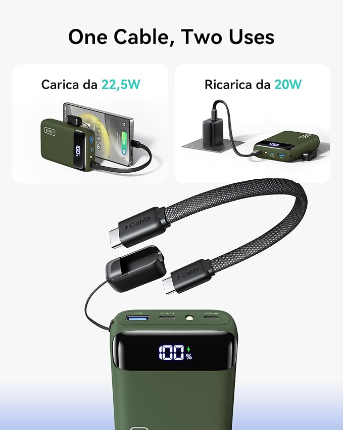 INIU Smallest 20000mAh Power Bank, 22.5W PD Fast Charging Portable Charger with USB-C Cable, Flight-Safe Battery Pack for Travel & Outdoor Camping & Emergency, Mini Size for iPhone Samsung iPad, Green