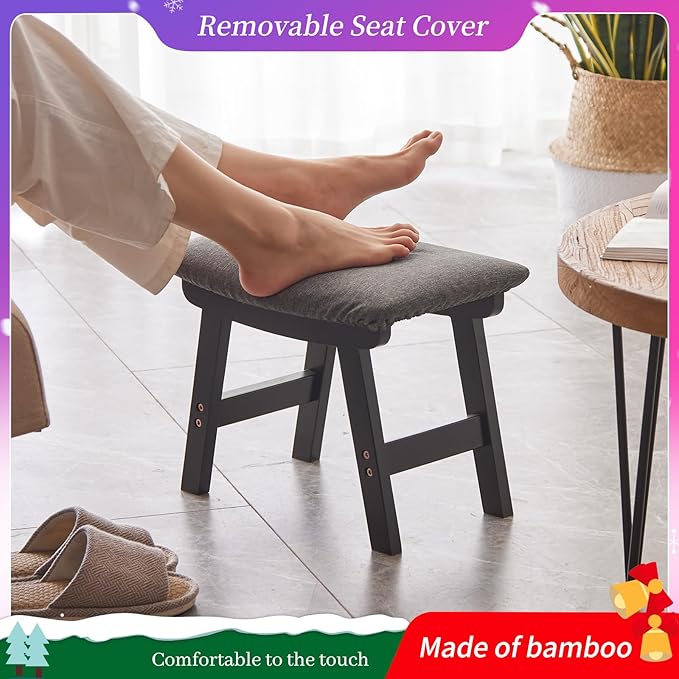 Kitsanery Foot Stool,Ottoman,Bamboo Small Sofa Foot Rest Under Desk,Extra Seating for Living Room, Bedroom and Kitchen (Black Stool Legs - Gray Surface)