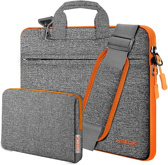 Hseok Laptop Shoulder Bag 13-14 inch Shockproof Water-Resistant HandBag with Small Case Compatible with MacBook Pro/Neo 14" M5/M4/M3/M2/M1, Mac Air/Pro 13.3", XPS 13/14, Most 13"-14" PC,Gray-orange