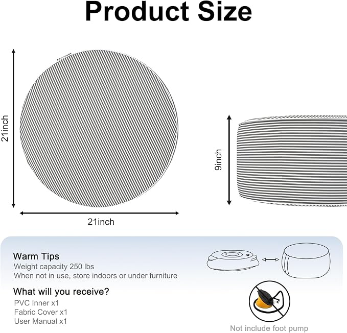 DYTXIII Inflatable Ottoman Stool D21 xH9 for Outdoor/Indoor Use, Water Repellent Patio Foot Rest Stool with Portable Handle,Round Pouf Ottoman Suitable for Garden,Deck and Camping - Stripe Grey