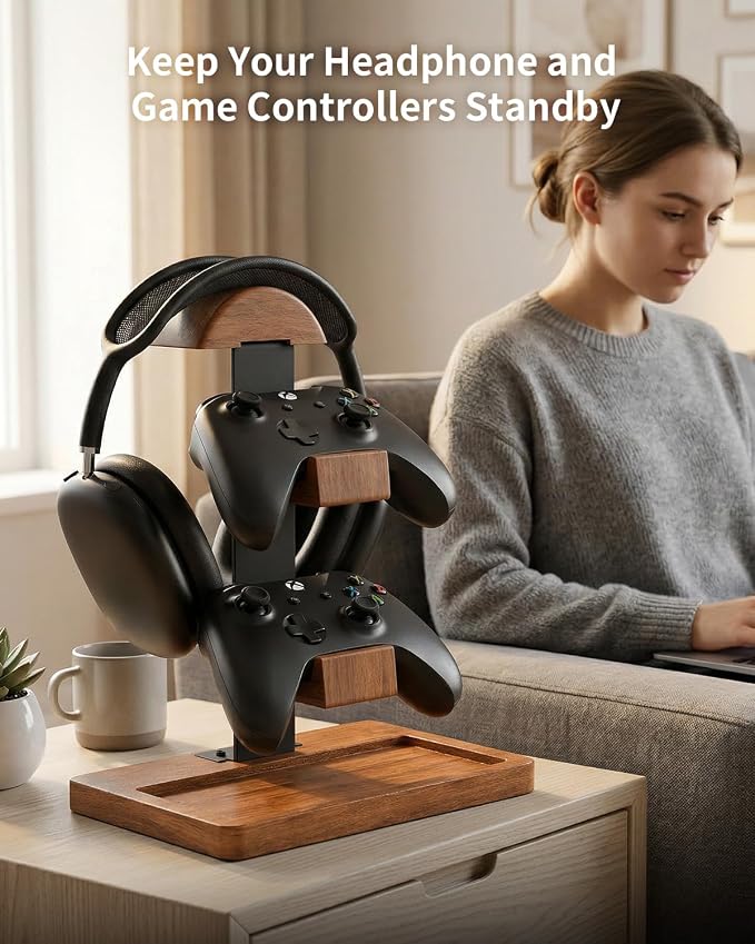 Headset Stand with Controller Holder, 3-in-1 Solid Walnut Wood Gaming Desk Organizer, Compatible with Controllers, Display Mount for AirPods Max, Bose, Sennheiser, Gift for Gamers