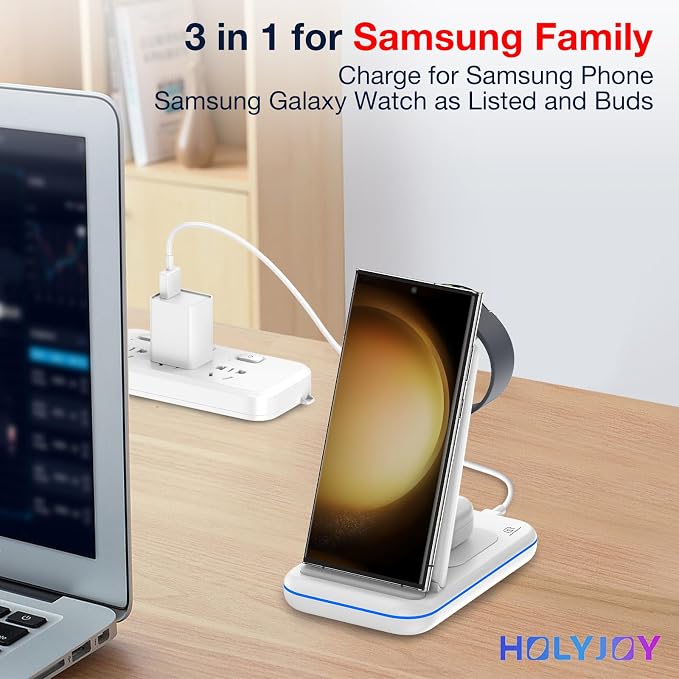 Wireless Charger for Samsung/Android, HOLYJOY Foldable 3 in 1 Fast Charging Station/Stand/Multi Charger for Samsung S25 Ultra/S24/Note 20,Travel Pad for Galaxy Watch 8/7/6/5/4/Active 2,For Buds(Ivory)