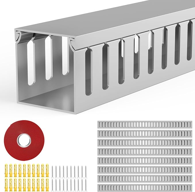 Open Slot Wiring Raceway Cable Duct, 123in Cable Management Channel Cord Track,Desk Wire Channel, Under Desk Cable Management to Hide Cables, Wires for Computers (Grey, 1.97" Hx1.97 W, 15.4''L(8 Pc))