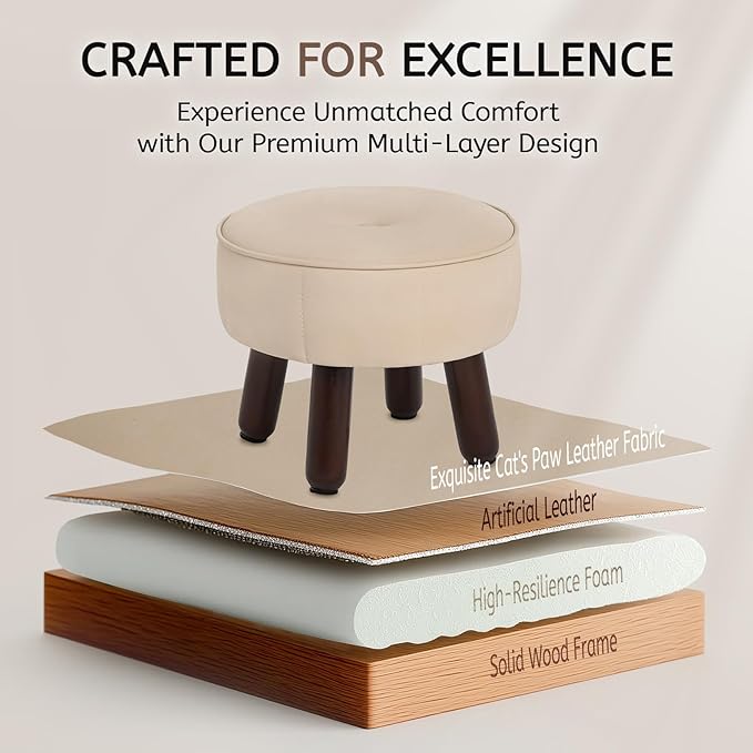oakvivo 13in Small Foot Stool Ottoman, Round Faux Leather Foot Rest for Couch, Under Desk Pouf Footstool Footrest with Non-Skid Rubber Legs for Ling Room, Bedroom, 13''L x 13''W x 10.2''H, Beige