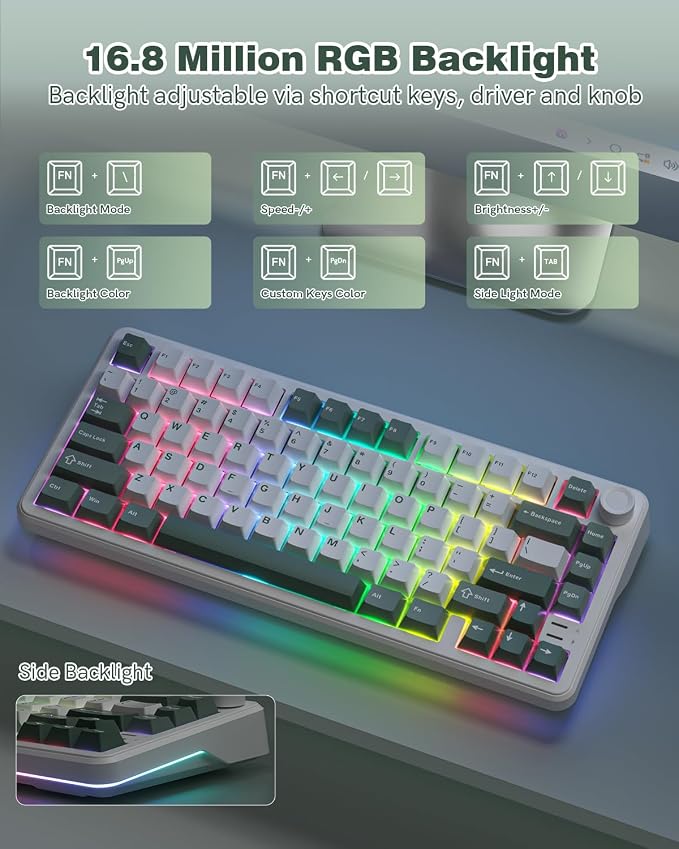 L75 75% Mechanical Keyboard, Wireless Gaming Keyboard with Multifunction Knob, Creamy Gasket Structure, Hot Swap, RGB Backlight, PBT Keycap, Custom Driver, Compact Layout for Win/Mac/PC