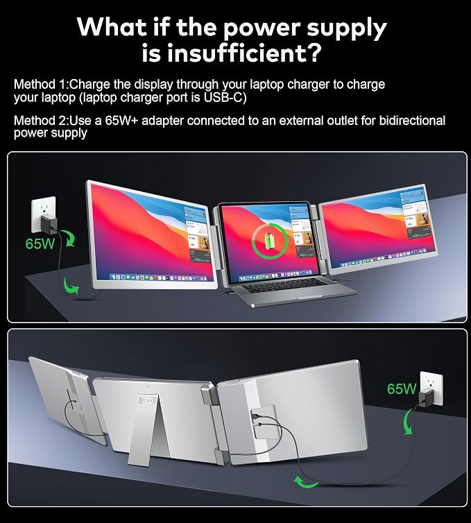 Laptop Screen Extender 16"- 1200P 16:10 FHD Triple Monitor for 12-18.5", Portable Monitor for Laptop with HDMI and USB-C Connectivity for MacBooks(NOT M1 M2 M3)/Wins, Chrome, Surface