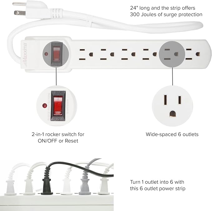 Maxxima 6 Outlet Power Strip Surge Protector - 300 Joules, Features Red On/Off Switch, 4 Pack, Powers Multiple Electronics and Devices Simultaneously, Perfect for Home Appliances - White