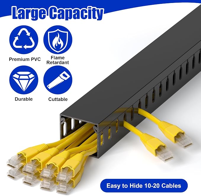 ZhiYo H1.4 W1.6 in Server Rack Cable Management Raceway, 99in (6X L16.5in) Cable Raceway Kit, Electrically Safe PVC Open Slot Wire Cord Hider for Under Desk/Computer/Network Cords, Black, H35 W40mm