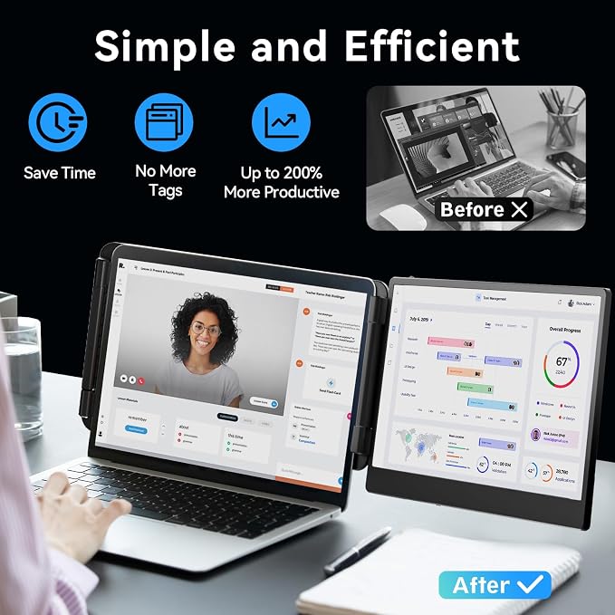 Laptop Screen Extender Monitor - Dual 14 inch IPS FHD 1080P Extended Monitors for 13"-17" Laptops Type-C/HDMI/USB-A Compatible with Windows Mac Travel Work