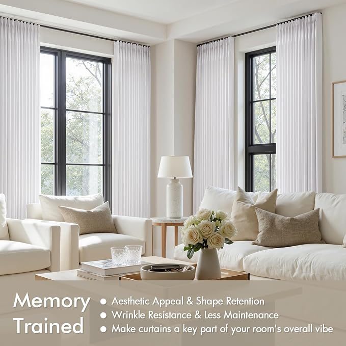 ANRODUO Memory Trained Pinch Pleated Curtains 96 Inches Long, Viral Linen Pinch Pleat Sheer Curtains with Ring Hooks&Clips for Track System, White Light Filtering Privacy Curtain 2 Panel Set W70xL96