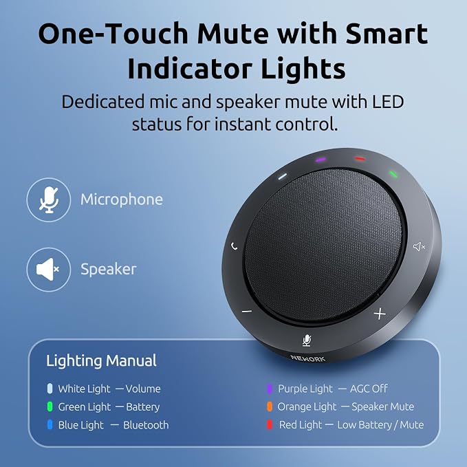 Bluetooth Speakerphone for Conference Calls – 2 AI Noise Reduction Mics, 360° Voice Pickup, USB-C & USB-A Adapter, 10-14H Playtime, Compatible with Zoom/Teams/Skype/Meet