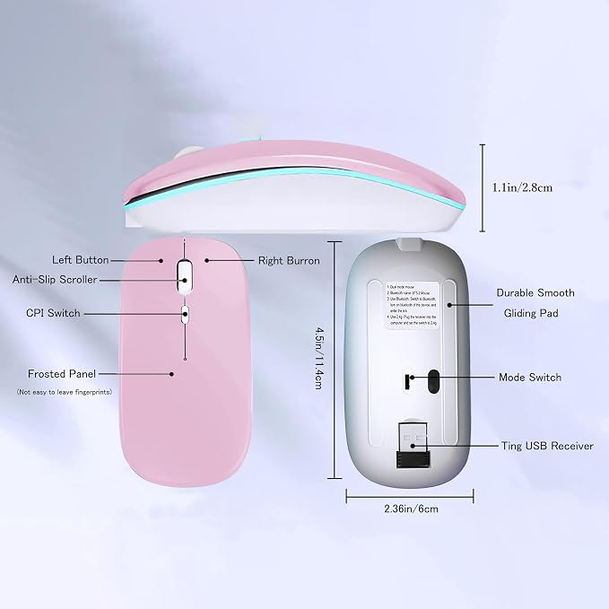 WREANU Wireless Bluetooth Mouse Rechargeable Laptop Mice with LED Lights Silent Slim Use(BT5.2 and 2.4G Portable USB Receiver) Dual Mode Computer Mouse for Laptop/iPad/Tablet/Apple/Computer/Mac(Pink)