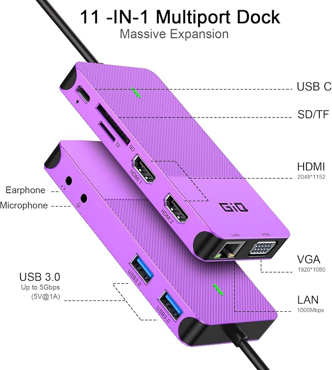 USB Docking Station GIQ USB C hub USB 3.0 to Dual HDMI VGA Adapter Triple Display USB C Laptop Docking Station Dual Display Compatible with MacBook M1 USB Dock-Purple