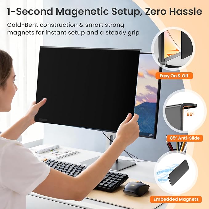 Magnetic Privacy Screen Filter for 24 Inch Computer Monitor 16:9 Aspect Ratio, Removable Hanging Privacy Screen Shield Eye Protection, 24in Anti Blue Light Filter, Anti-Glare Protector