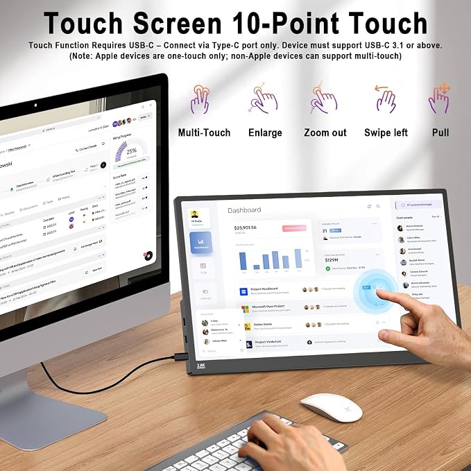 2.5K 100Hz Portable Monitor Touchscreen, 15.6'' QHD 2880x1620 300 Nits 100% sRGB IPS Gaming Monitor w/VESA HDR FreeSync Eye Care USB-C HDMI External Second Screen for Laptop PC Phone Switch PS3/4/5