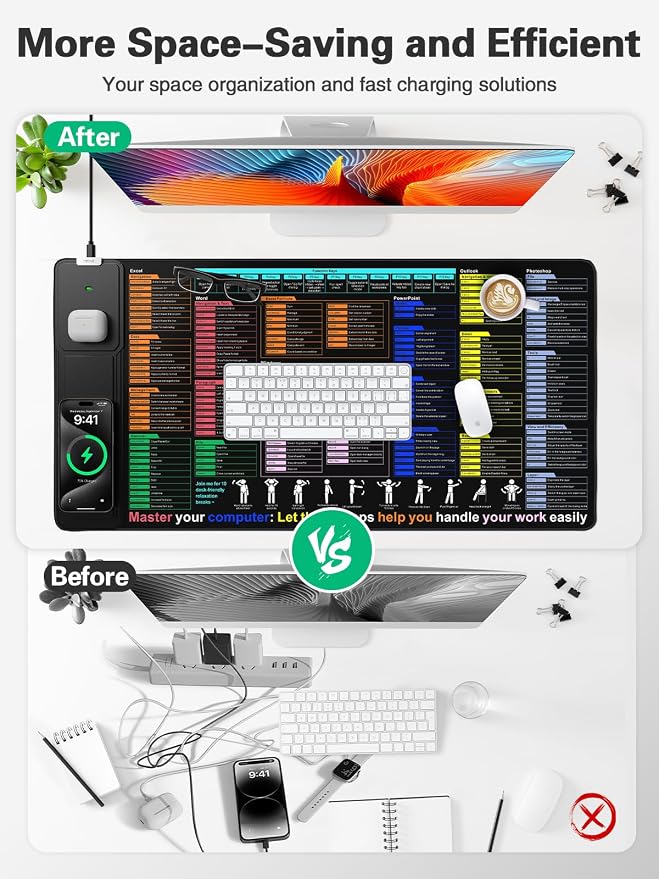 Mouse Pad with Foldable Phone Holder, Wireless Charging Desk Mat 31.5x15.75 Mousepad with Superior Micro-Weave Cloth Non-Slip Waterproof Desk Pad (Excel Shortcut)