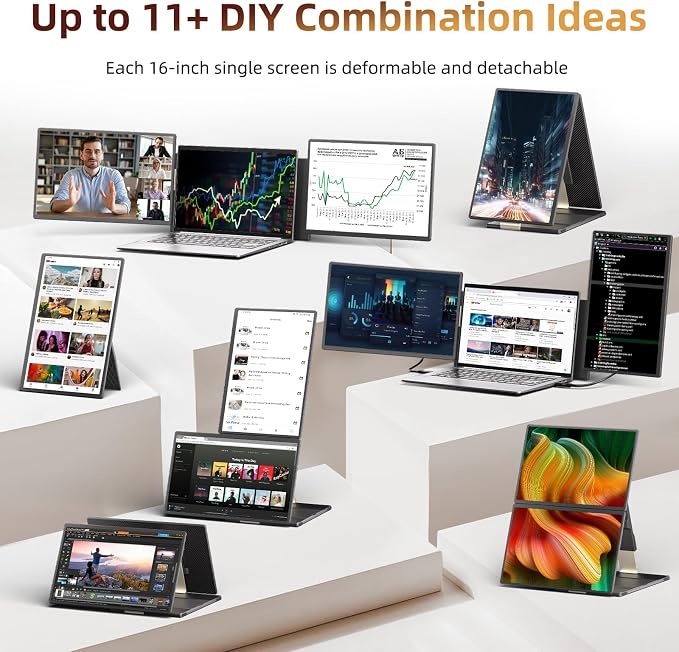 Laptop Screen Extender 2.5K Monitor - 16" Double Portable Monitor 2560x1600P QHD 100% sRGB IPS 235° Rotation Detachable Screen Design Extra Compatible with Mac Wins Dex Chrome Fits 13"-17" Laptops