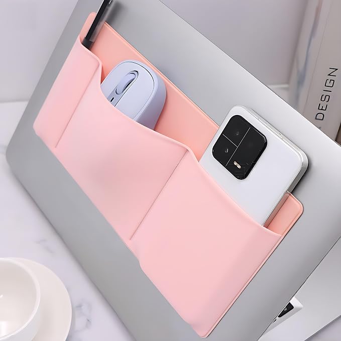 AMOZIFY® 3-Pocket Organizer, Mouse Holder for Laptop Stick On, Adhesive Pouch & External Hard Drive Sleeve, SSD Storage Case for MacBook, Reusable (Pink)