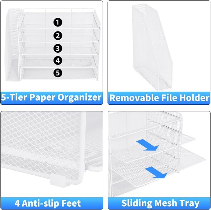 OPNICE Desk Organizer, 5-Tier Paper Organizer Letter Tray with Magazine Holder, Office Desk Accessories & Workspace Organizers, Desktop File Organizer for Office Supplies Storage, White