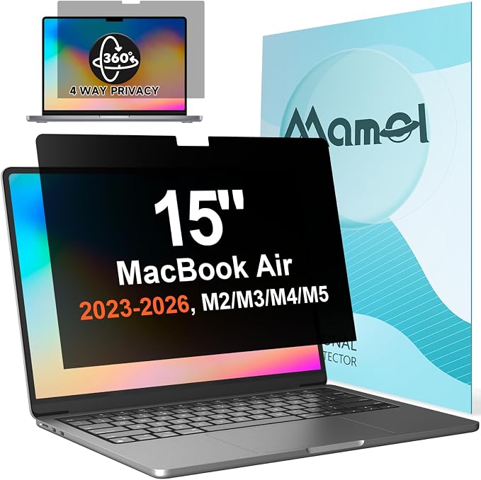 Mamol 360° Privacy Screen for Macbook Air 15 Inch (2023-2026, M2, M3, M4, M5), Anti Glare Blue Light Filter, Nano No Glue Anti Spy Black Protector for Mac Air 15.3In Laptop