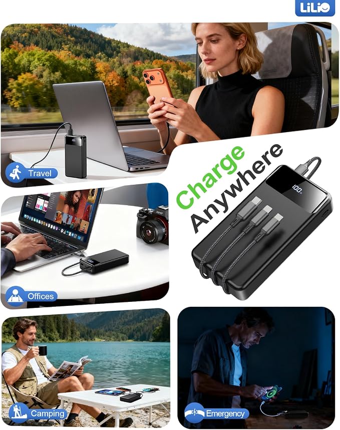 LILIO Portable Charger Power Bank，60,000mAh Battery Pack, 22.5W Power Bank Fast Charging with USB Cable, Phone Charger for iPhone 17/16/15/14/13 All Series/Samsung/Android, Camping Essentials, Black
