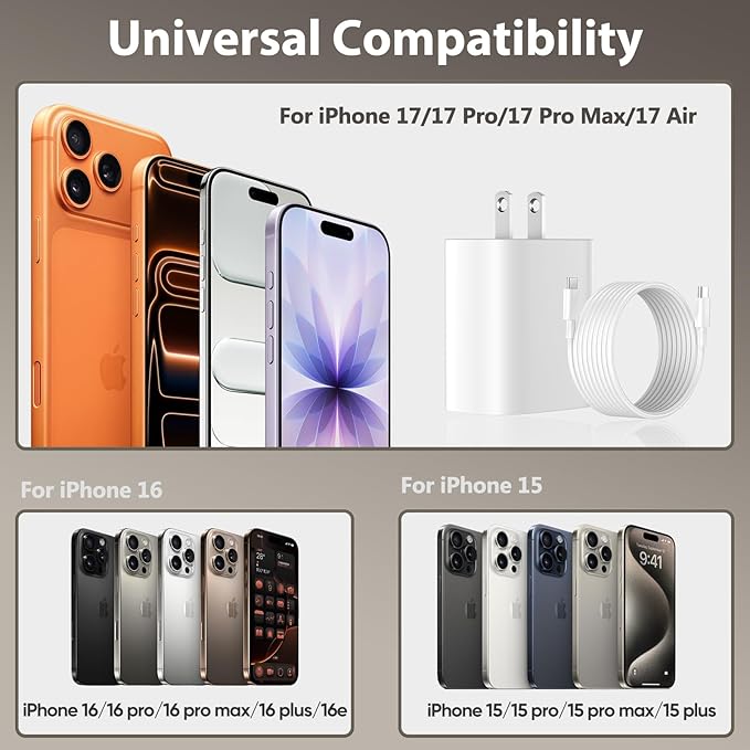 Phone 17 16 15 Charger Fast Charging, 8 FT Long USB C Charger Cord with 20W Type C Fast Phone Charging Block forPhone 17/17 Pro/17 Pro max/Air/Phone 16 15 Pro Max Plus, iPad, Android,White