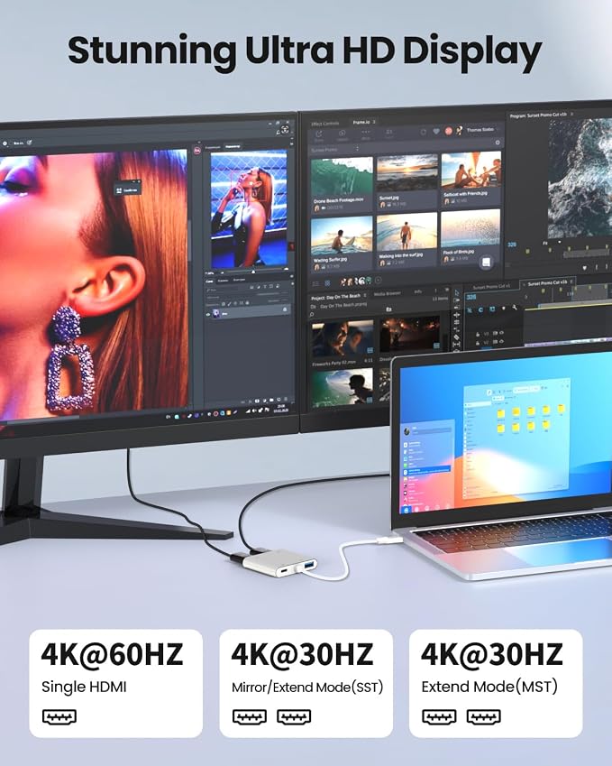 USB C to Dual HDTV Adapter,Silver 4K@60Hz with 100W PD, USB-A, Support C to 2 HD Splitter Extended Display for Type C Devices (MST is not Supported on MacOS)