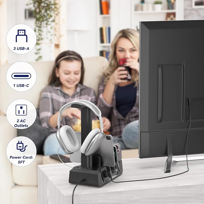 KDD Charging Station with 6 Charging Cables - Fast Charging 6 in 1 Cellphone Charging Dock with Headphone Stand and Watch Holder - 2 AC&USB A&USB C, Storage Station for Smartphone,Tablets, AppleWatch