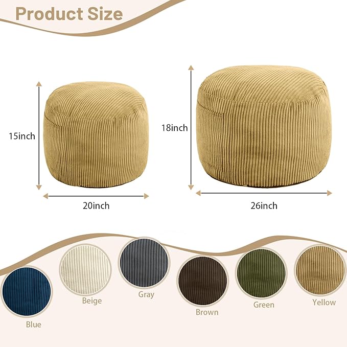 Round Stuffed Pouf Ottoman,Corduroy Foot Rest with Rebound Foam Filled, Furry and Fluffy Foot Stool Ottoman, Floor Poufs for Living Room (Yellow, 26" D x 26" W x 18" H)