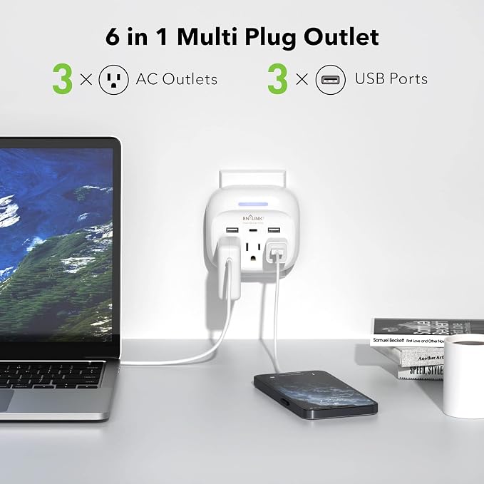 BN-LINK Multi Plug Outlet Extender with USB, Surge Protector Outlet with 3 AC Outlet Splitter and 3 USB Ports (1 USB C), Multi Plug Wall Outlet for Dorm, School, Travel, Office, Home, Travel, 1 Pack