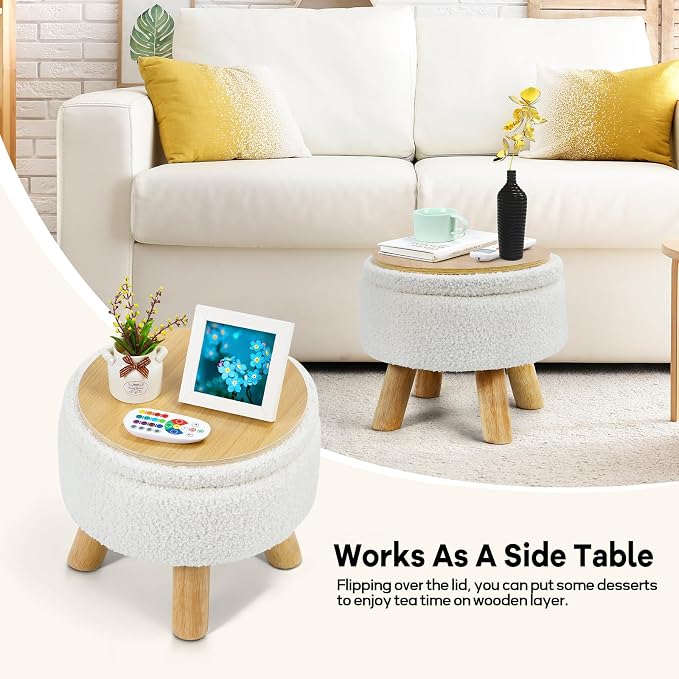 OGEMXU Ottoman Foot Rest, Small Round Ottoman with Storage, Boucle Teddy Velvet Footstool with Wood Legs, Soft Sponge Storage Ottoman for Living Room, Bedroom, Couch, Enterway (Cream)